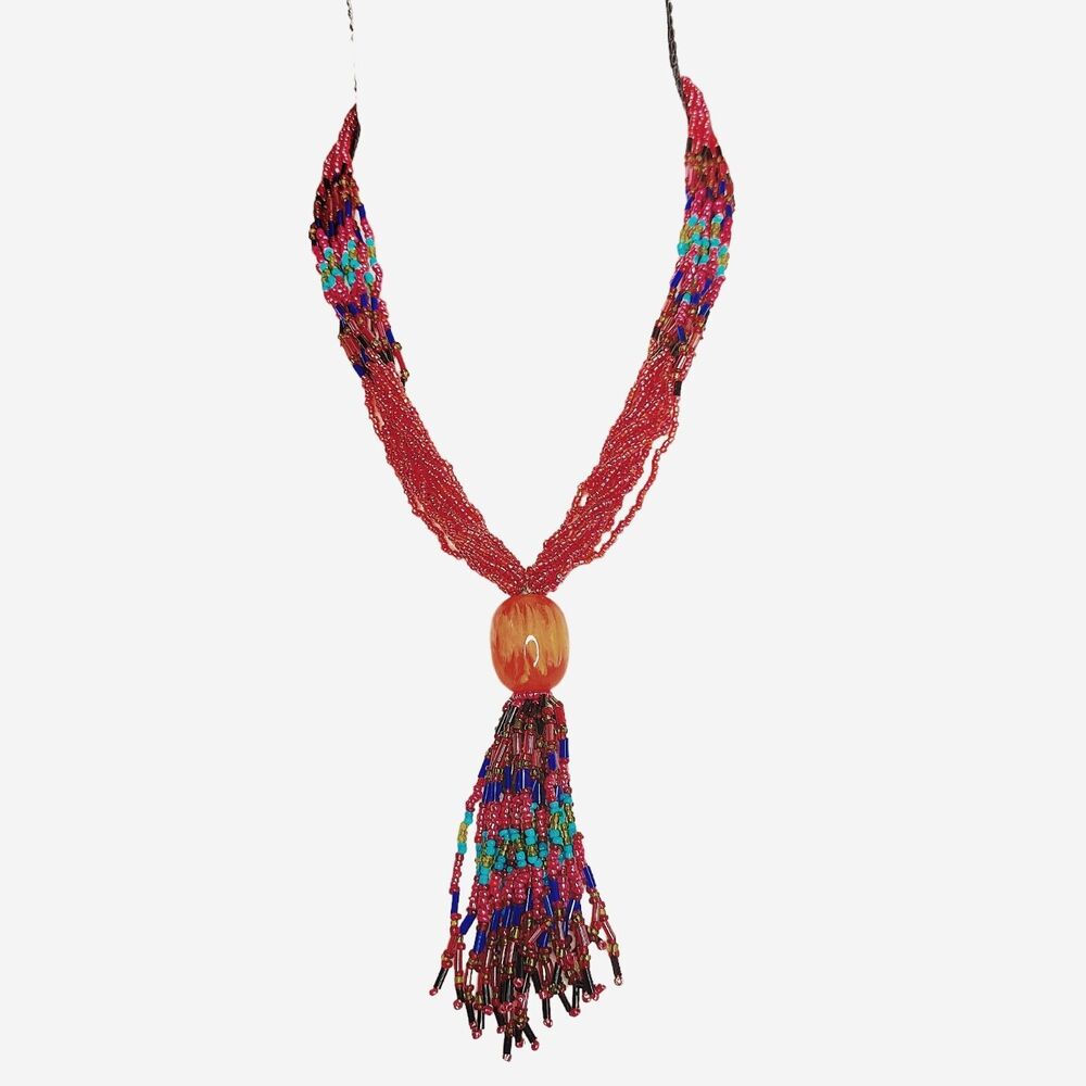 Boho Multi Strand Seed Bead Tassel 26in Necklace Red Turquoise Orange Focal Bead
